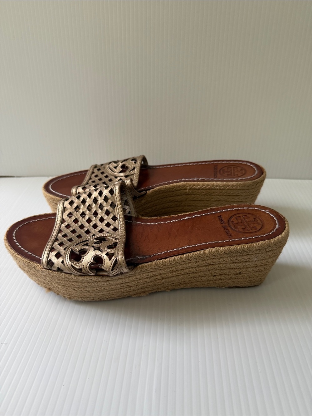 Tory Burch Metallic Gold Woven Leather Espadrille Wedge Slides Size 10